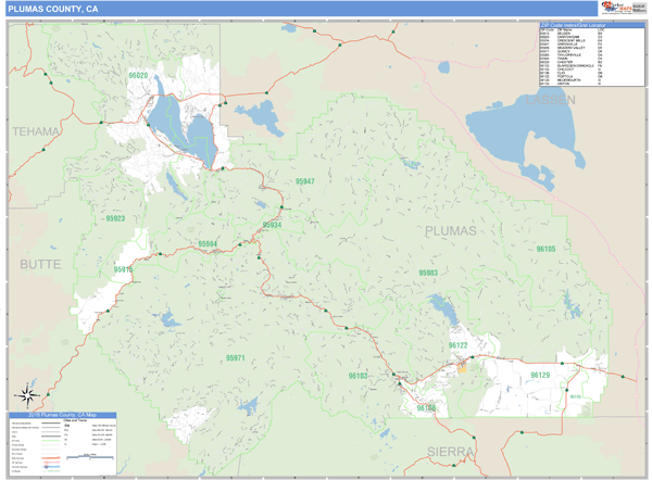 Plumas County, California Zip Code Wall Map Market Maps (IDI)
