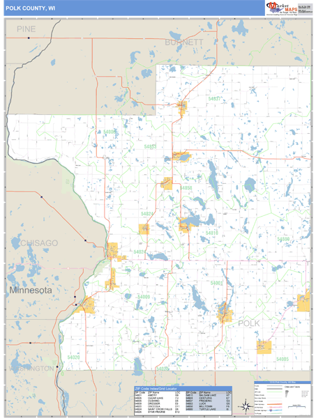 Polk County, Wisconsin Zip Code Wall Map Market Maps (IDI)