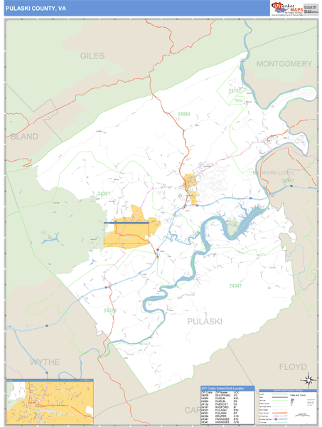 Pulaski County, Virginia Zip Code Wall Map Market Maps (IDI)
