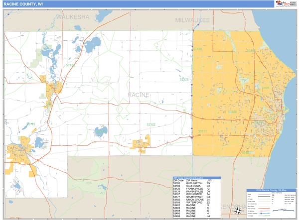 Racine County, Wisconsin Zip Code Wall Map | Map Geek.com