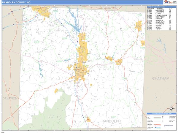 Randolph County, North Carolina Zip Code Wall Map | Map Geek.com