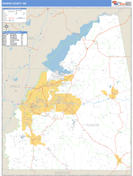 Rankin County, Mississippi Zip Code Wall Map Market Maps (IDI)