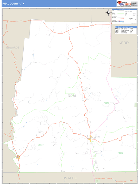Real County, Texas Zip Code Wall Map Market Maps (IDI)