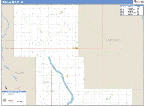 Renville County, North Dakota Zip Code Wall Map Market Maps (IDI)