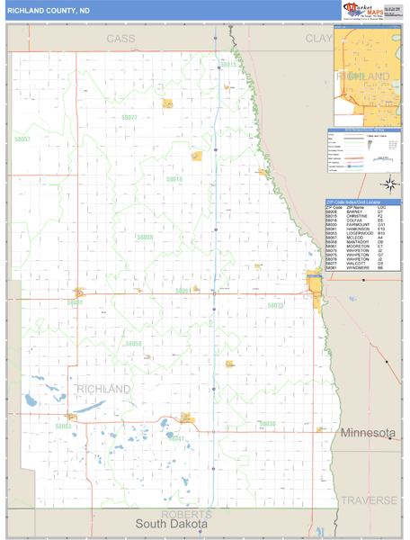 Richland County, North Dakota Zip Code Wall Map Market Maps (IDI)