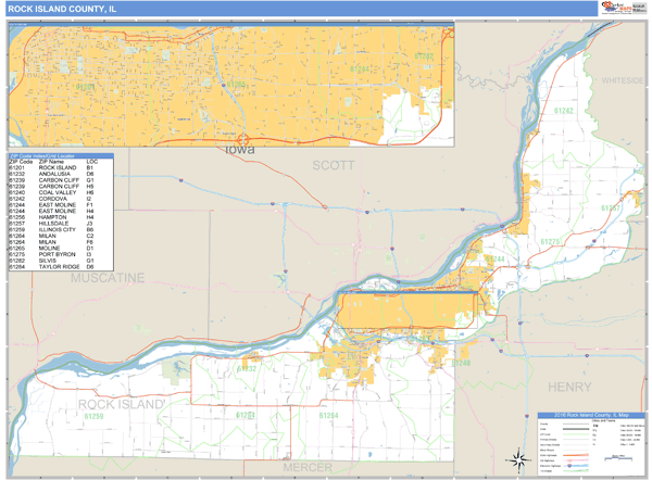 Rock Island County, Illinois Zip Code Wall Map Market Maps (IDI)