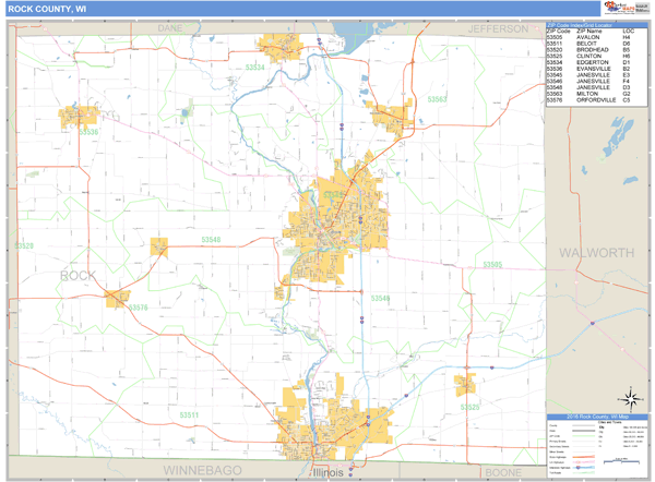 Rock County, Wisconsin Zip Code Wall Map Market Maps (IDI)