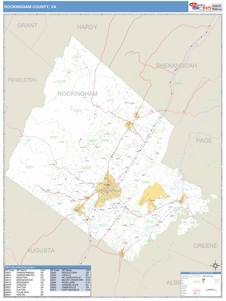 Rockingham County, Virginia Zip Code Wall Map Market Maps (IDI)