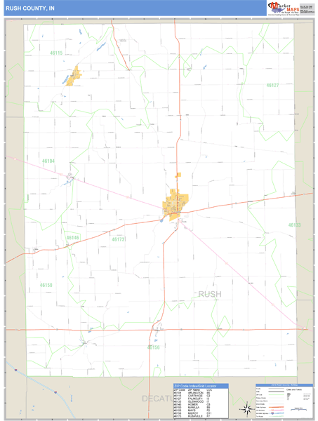 Rush County, Indiana Zip Code Wall Map Market Maps (IDI)