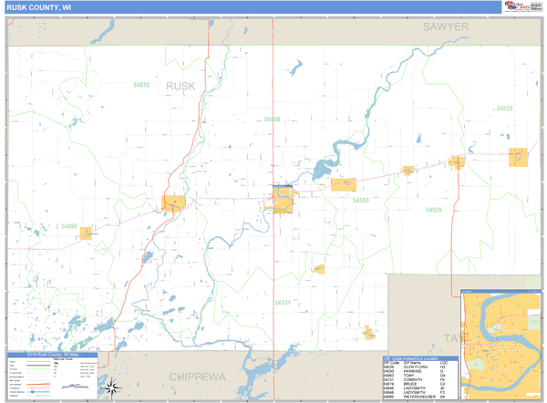 Rusk County, Wisconsin Zip Code Wall Map Market Maps (IDI)