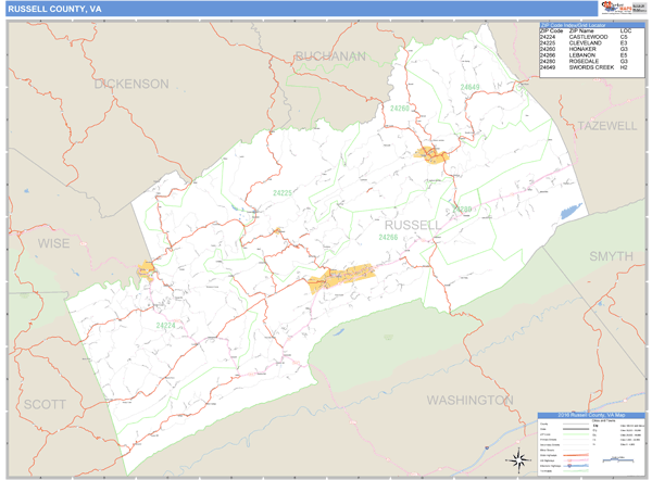 Russell County, Virginia Zip Code Wall Map Market Maps (IDI)