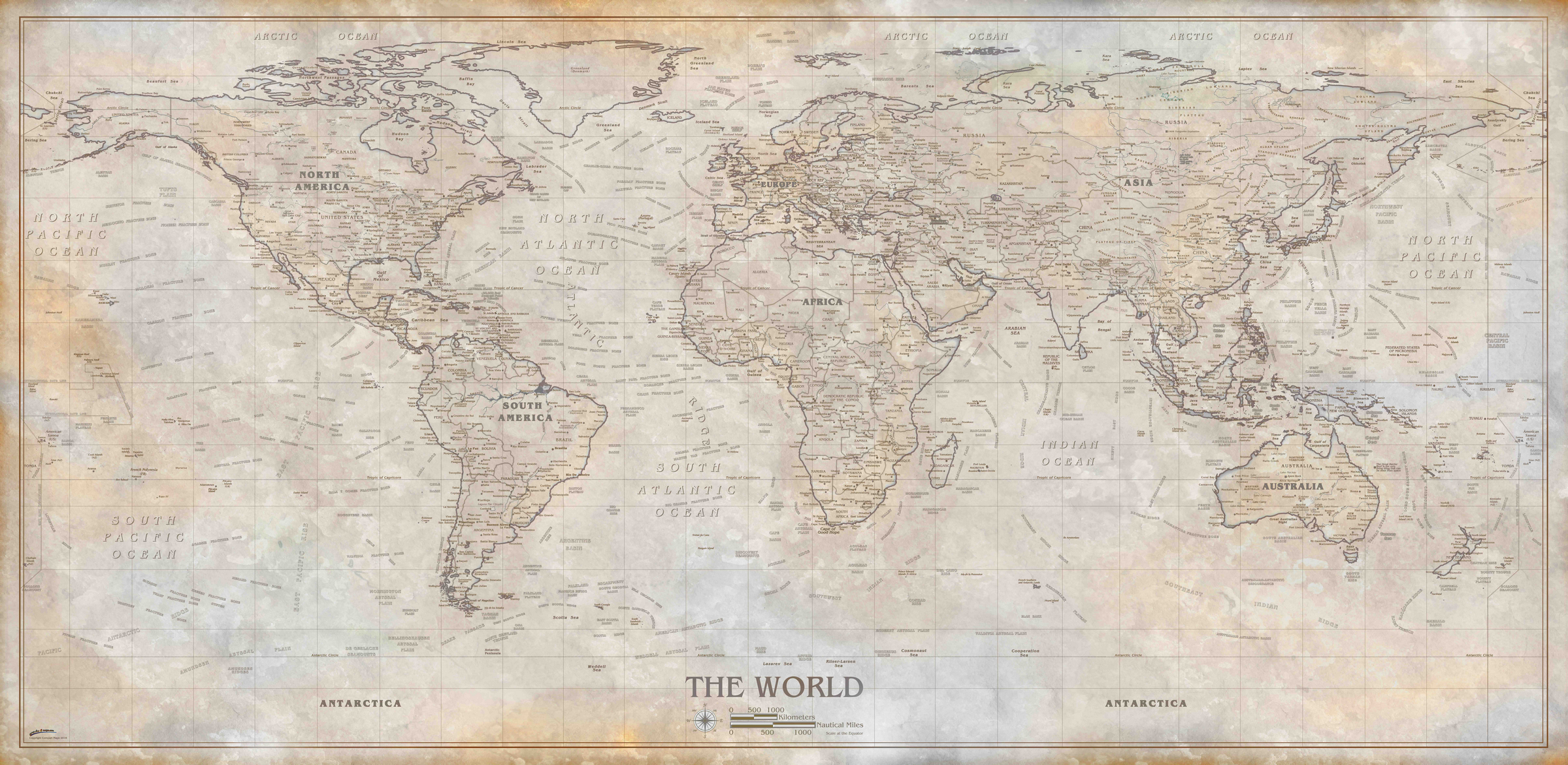 Compart Maps Rustic World Wall Map Centered | Map Geek.com