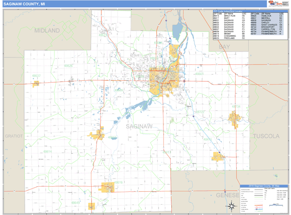 Saginaw County, Michigan Zip Code Wall Map | Map Geek.com