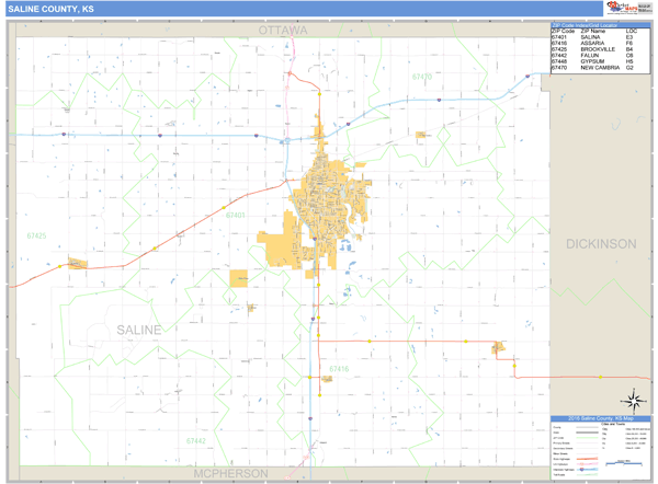 Saline County, Kansas Zip Code Wall Map Market Maps (IDI)
