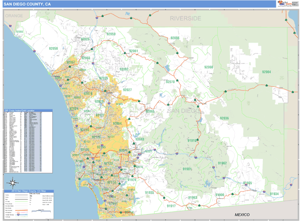San Diego County, California Zip Code Wall Map Market Maps (IDI)