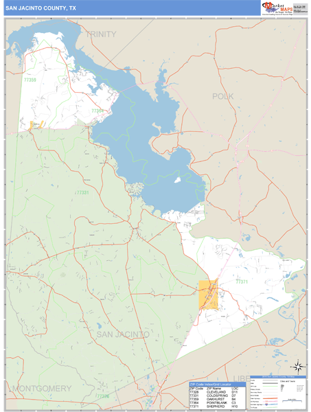 San Jacinto County, Texas Zip Code Wall Map Market Maps (IDI)