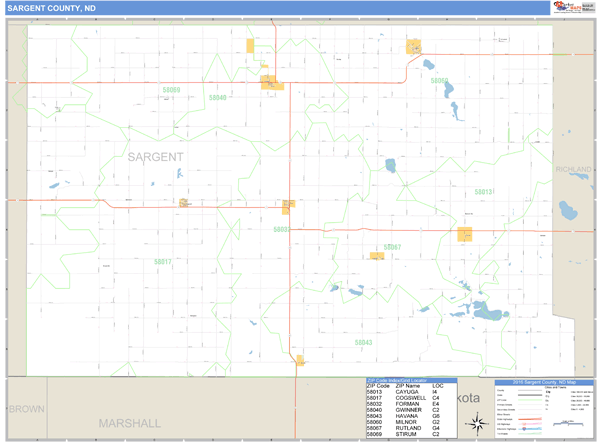 Sargent County, North Dakota Zip Code Wall Map Market Maps (IDI)