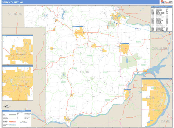 Sauk County, Wisconsin Zip Code Wall Map Market Maps (IDI)