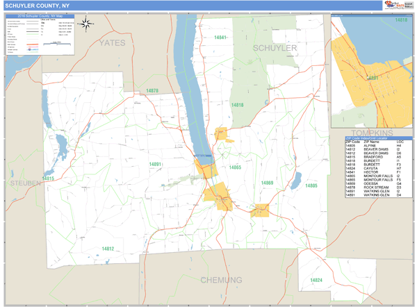 Schuyler County, New York Zip Code Wall Map Market Maps (IDI)