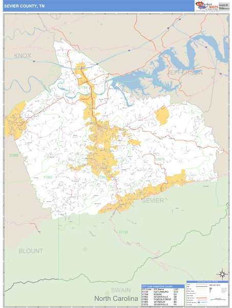 Sevier County, Tennessee Zip Code Wall Map Market Maps (IDI)
