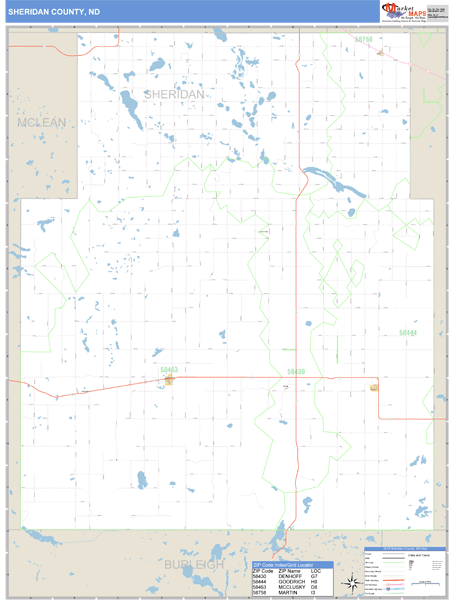 Sheridan County, North Dakota Zip Code Wall Map Market Maps (IDI)