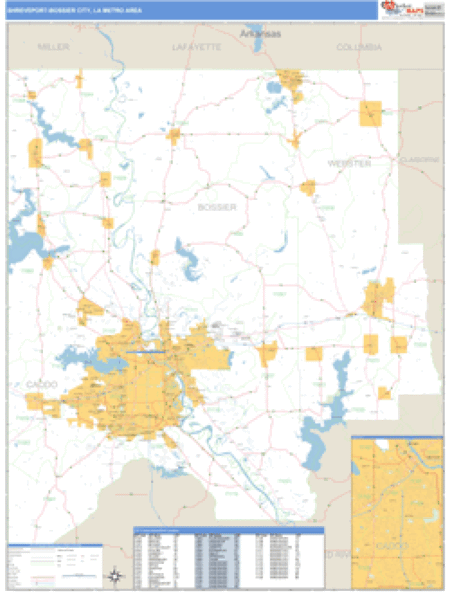 Shreveport-Bossier City, Louisiana Metro Area Wall Map Market Maps (IDI)