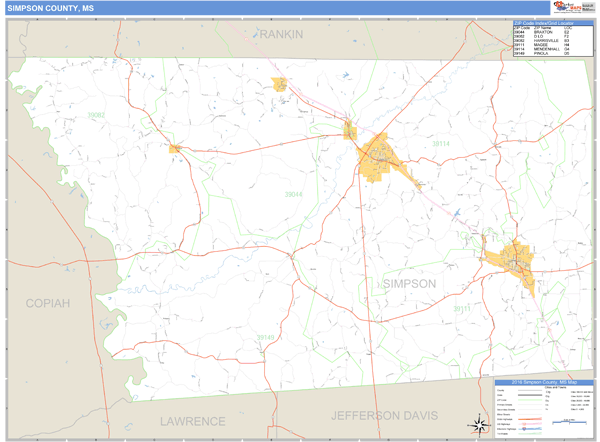 Simpson County, Mississippi Zip Code Wall Map Market Maps (IDI)