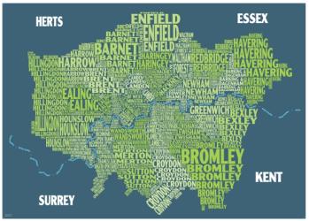 Graphic Map London - boroughs, green background by Oxford Cartographers Eastview