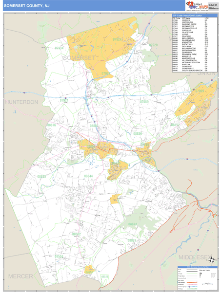 Somerset County, New Jersey Zip Code Wall Map Market Maps (IDI)