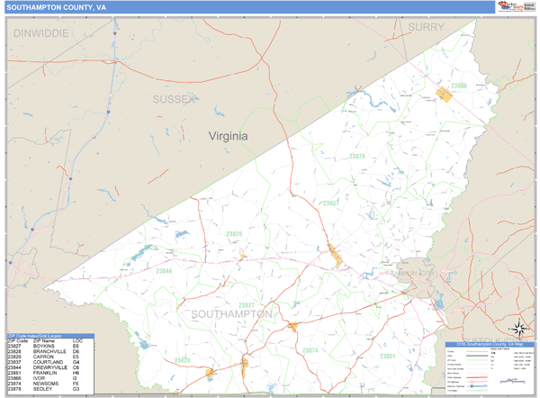 Southampton County, Virginia Zip Code Wall Map Market Maps (IDI)