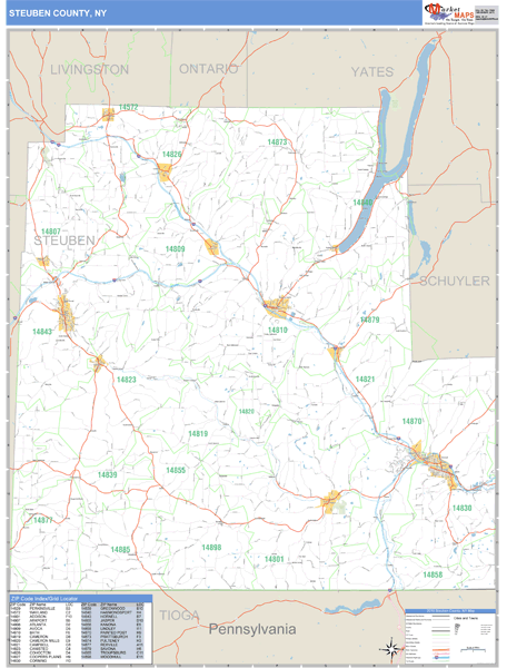 Steuben County, New York Zip Code Wall Map Market Maps (IDI)