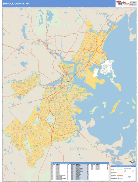 Suffolk County, Massachusetts Zip Code Wall Map Market Maps (IDI)