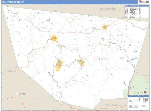 Sullivan County, Pennsylvania Zip Code Wall Map Market Maps (IDI)