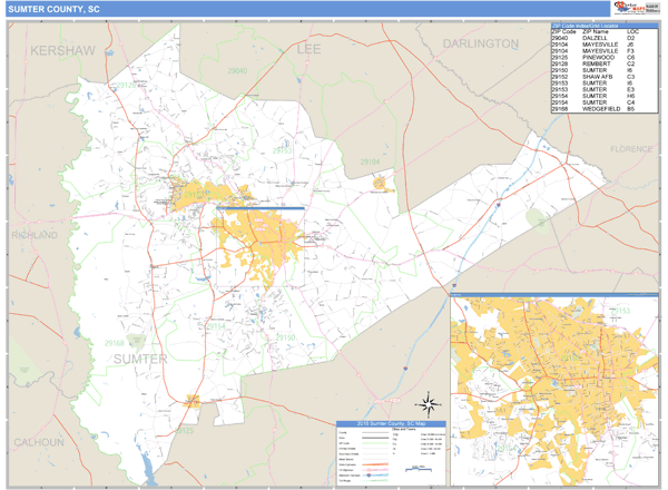 Sumter County, South Carolina Zip Code Wall Map Market Maps (IDI)