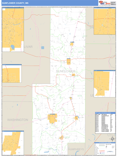 Sunflower County, Mississippi Zip Code Wall Map Market Maps (IDI)