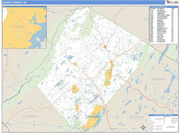 Sussex County, New Jersey Zip Code Wall Map Market Maps (IDI)