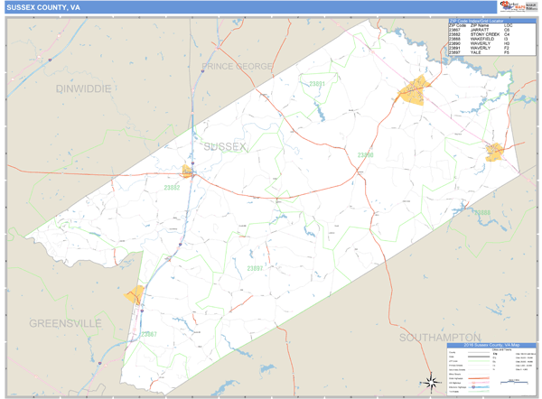 Sussex County, Virginia Zip Code Wall Map Market Maps (IDI)