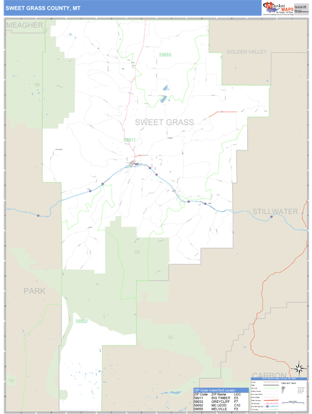Sweet Grass County, Montana Zip Code Wall Map Market Maps (IDI)