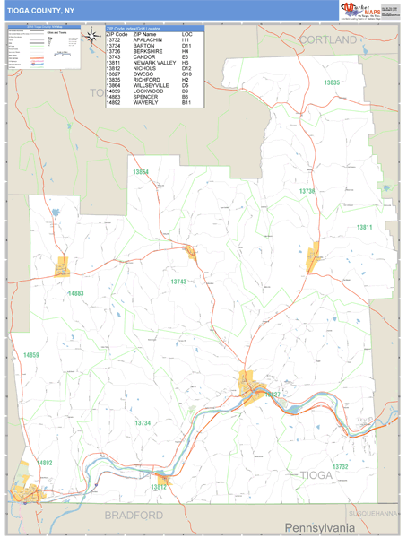 Tioga County, New York Zip Code Wall Map Market Maps (IDI)