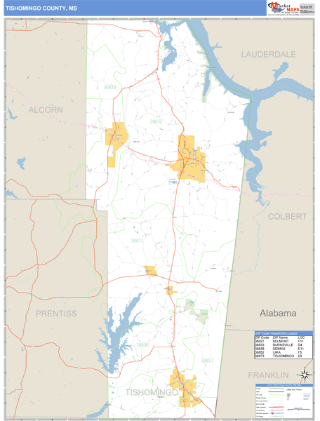 Tishomingo County, Mississippi Zip Code Wall Map Market Maps (IDI)