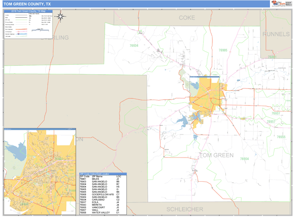 Tom Green County, Texas Zip Code Wall Map Market Maps (IDI)