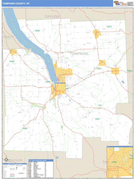 Tompkins County, New York Zip Code Wall Map Market Maps (IDI)