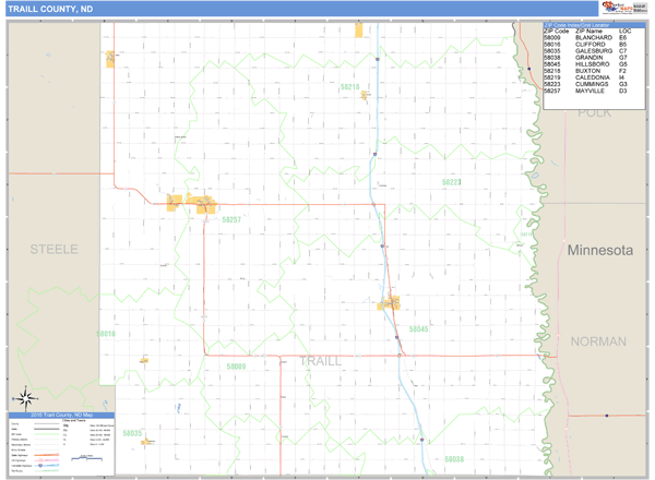 Traill County, North Dakota Zip Code Wall Map Market Maps (IDI)