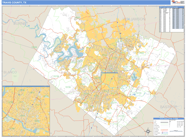 Travis County, Texas Zip Code Wall Map Market Maps (IDI)