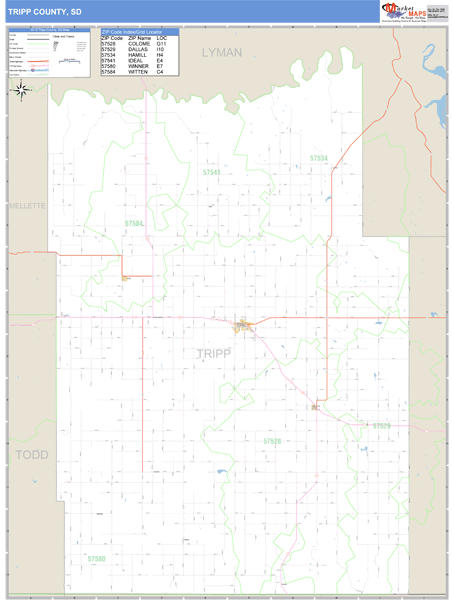 Tripp County, South Dakota Zip Code Wall Map Market Maps (IDI)