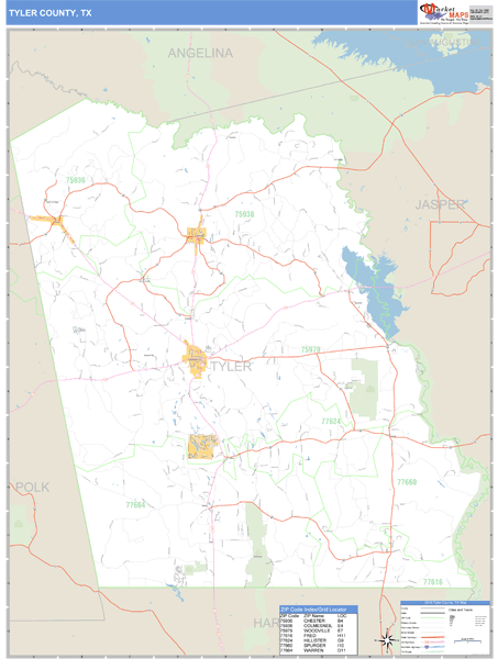 Tyler County, Texas Zip Code Wall Map | Map Geek.com