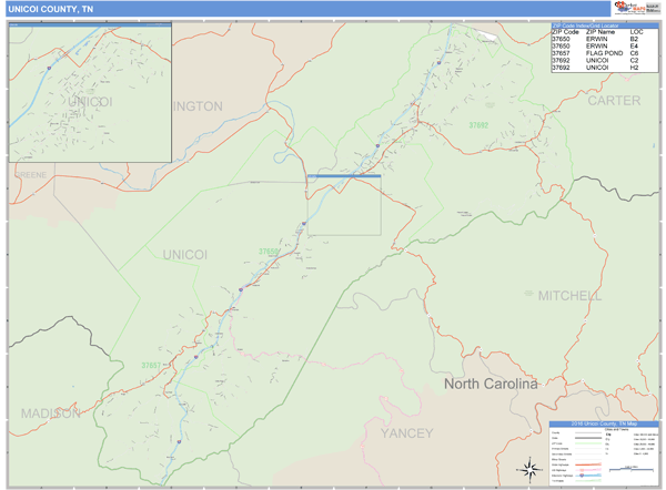 Unicoi County, Tennessee Zip Code Wall Map Market Maps (IDI)