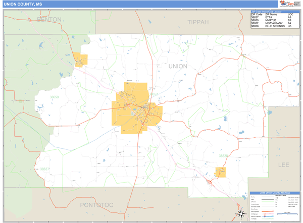Union County, Mississippi Zip Code Wall Map Market Maps (IDI)