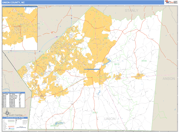 Union County, North Carolina Zip Code Wall Map Market Maps (IDI)