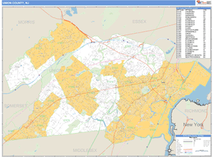 Union County, New Jersey Zip Code Wall Map